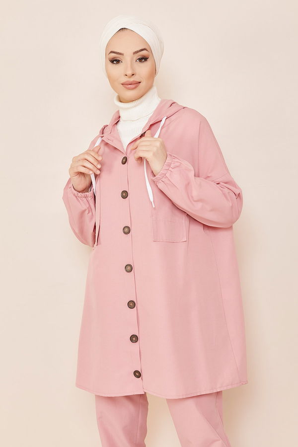 Düz Kapsonlu Yaka Kadın Pembe TUNIK PANTOLON - 3687 PEMBE