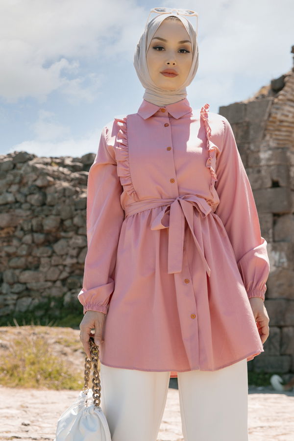 Düz Gömlek Yaka Kadın Pembe TUNIK - 3566 PEMBE