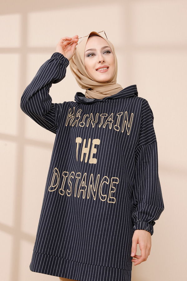 Düz Kapşonlu Yaka Kadın Lacivert SWEAT - 4185 LACİVERT