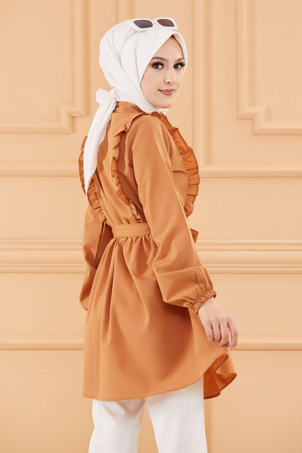 Düz Gömlek Yaka Kadın Taba TUNIK - 3566 TABA