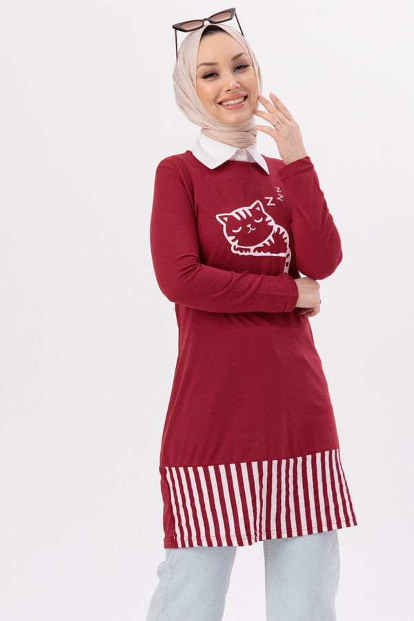 Düz Bisiket Yaka Kadın Bordo TUNIK - 3648