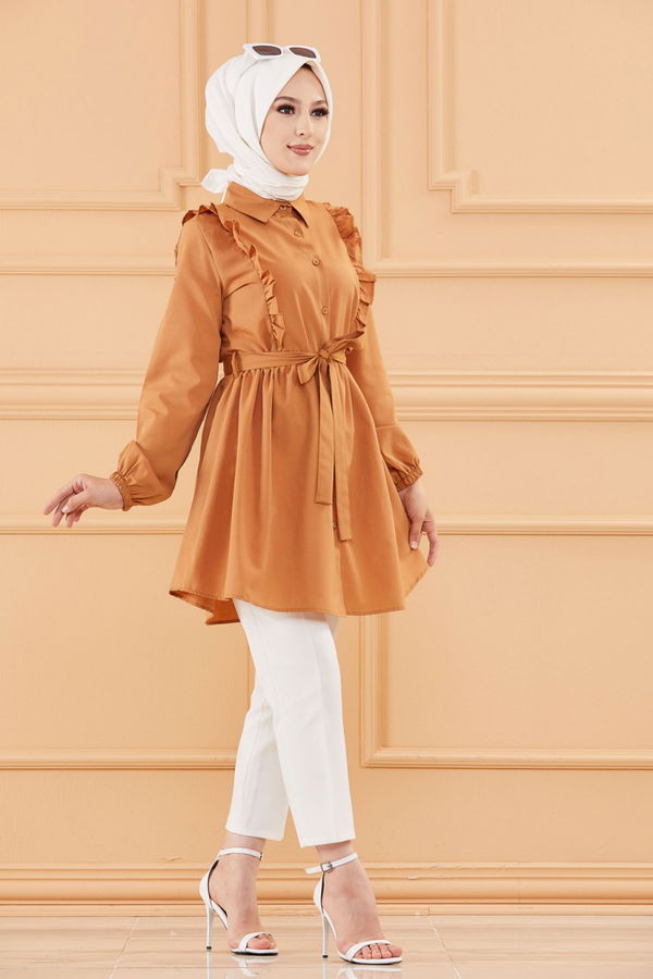 Düz Gömlek Yaka Kadın Taba TUNIK - 3566 TABA
