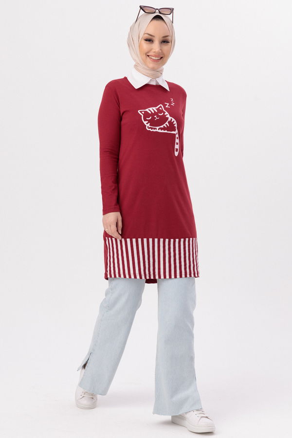 Düz Bisiket Yaka Kadın Bordo TUNIK - 3648