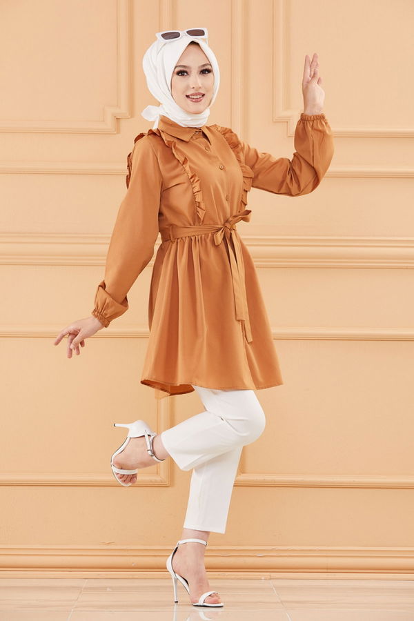 Düz Gömlek Yaka Kadın Taba TUNIK - 3566 TABA