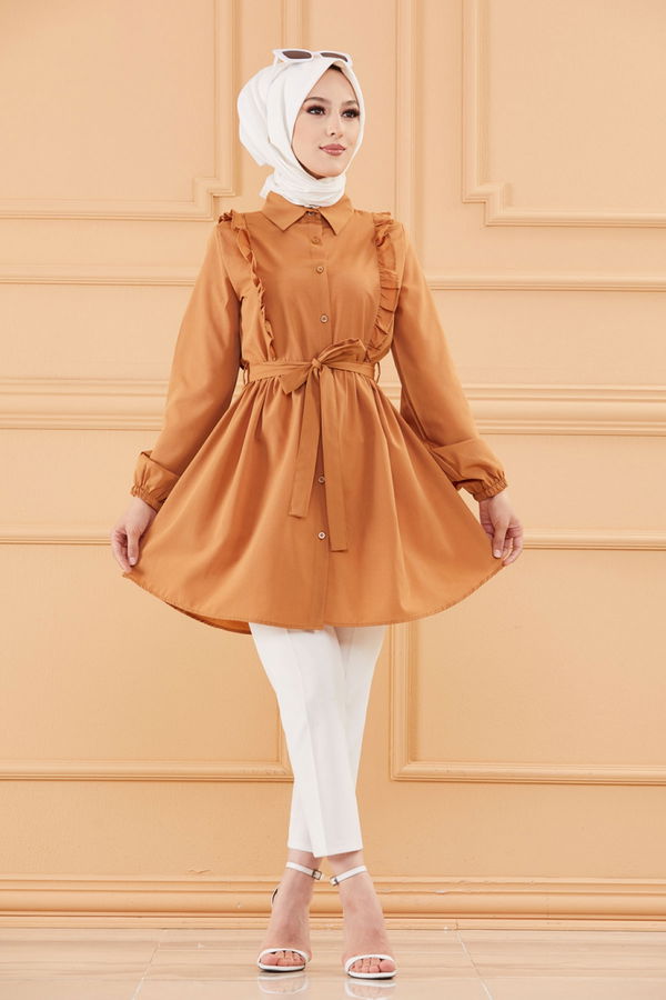 Düz Gömlek Yaka Kadın Taba TUNIK - 3566 TABA