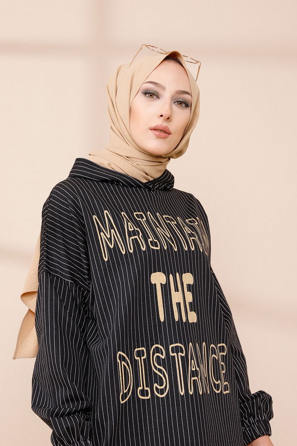 Düz Kapşonlu Yaka Kadın Siyah SWEAT - 4185 SİYAH