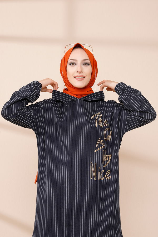 Düz Kapşonlu Yaka Kadın Lacivert SWEAT - 4186 LACİVERT