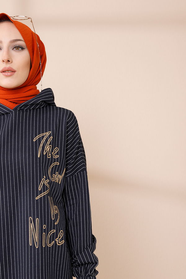 Düz Kapşonlu Yaka Kadın Lacivert SWEAT - 4186 LACİVERT