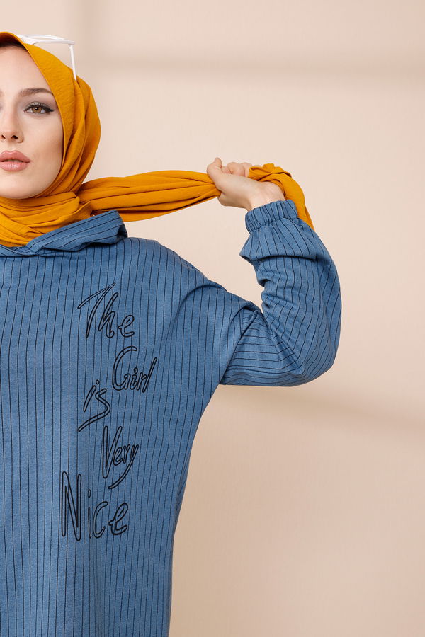 Düz Kapşonlu Yaka Kadın Petrol SWEAT - 4186