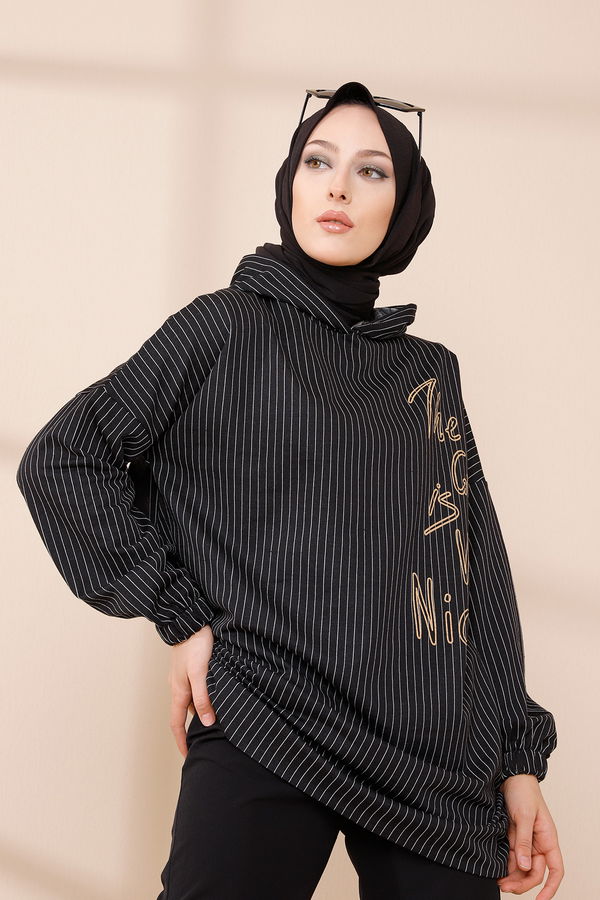 Düz Kapşonlu Yaka Kadın Siyah SWEAT - 4186