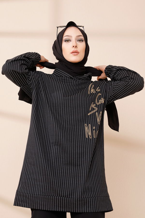 Düz Kapşonlu Yaka Kadın Siyah SWEAT - 4186