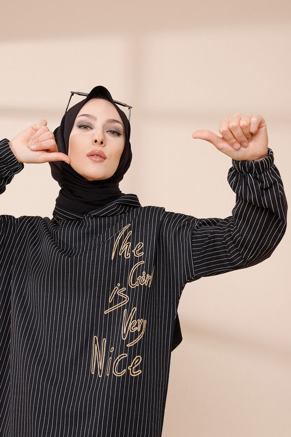 Düz Kapşonlu Yaka Kadın Siyah SWEAT - 4186