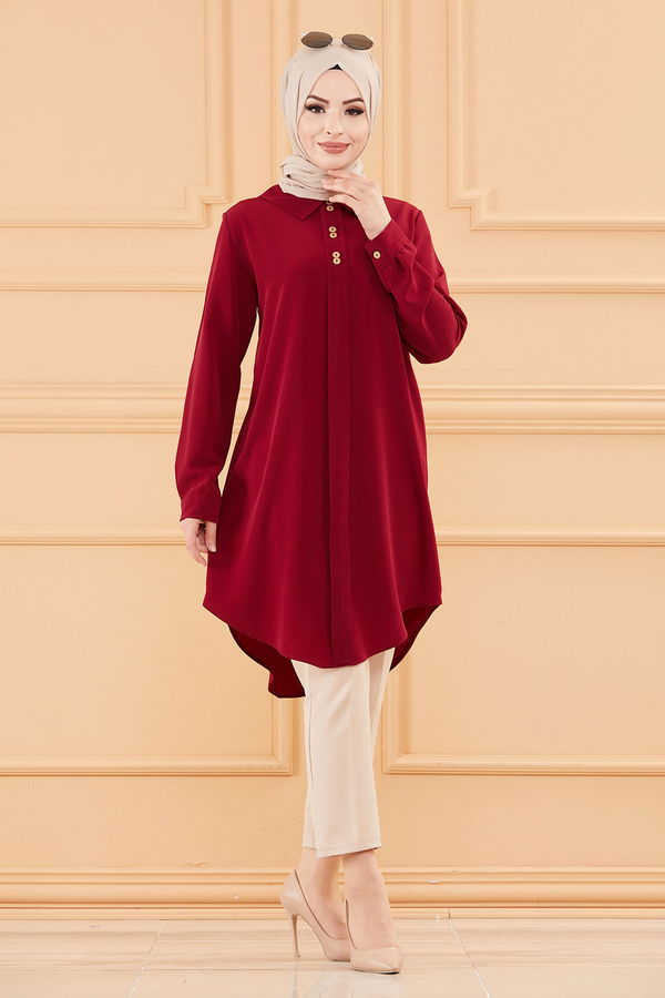 Düz Gömlek Yaka Kadın Bordo TUNIK - 3650 BORDO