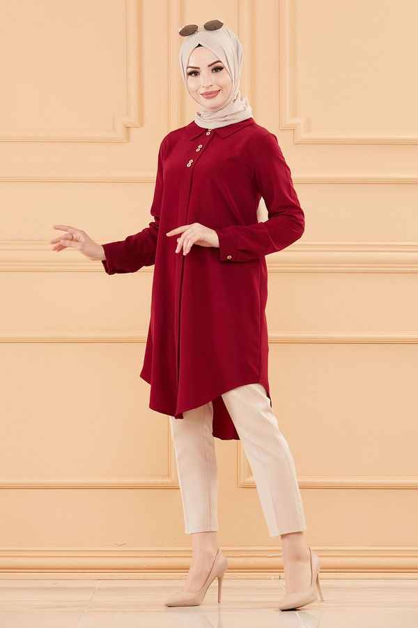 Düz Gömlek Yaka Kadın Bordo TUNIK - 3650 BORDO