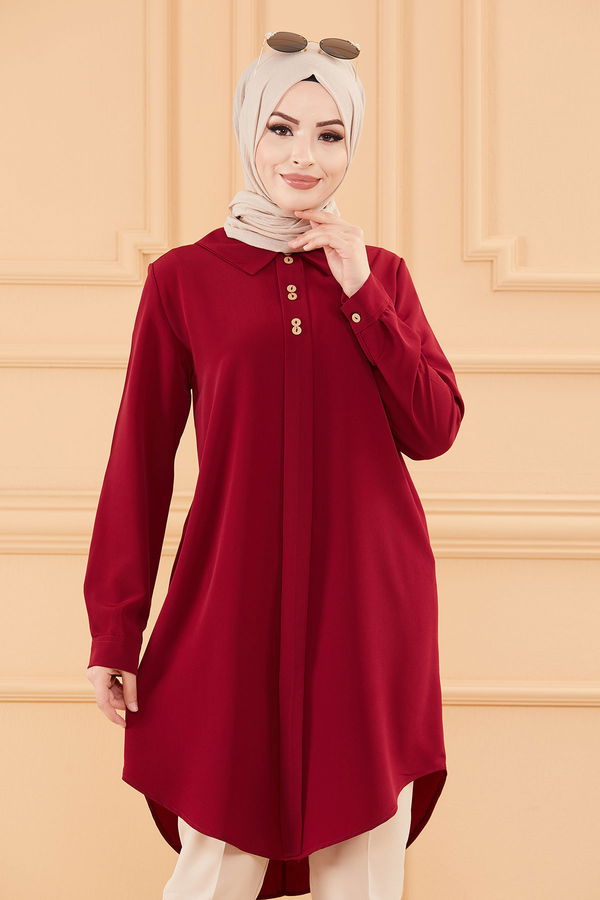 Düz Gömlek Yaka Kadın Bordo TUNIK - 3650 BORDO