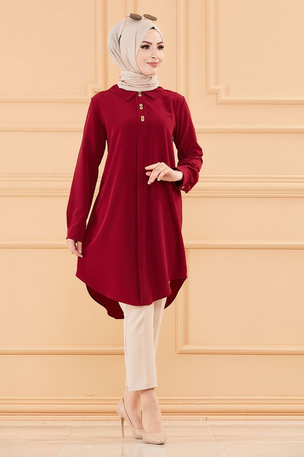 Düz Gömlek Yaka Kadın Bordo TUNIK - 3650 BORDO