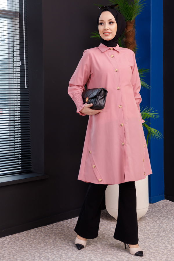 Düz Gömlek Yaka Kadın Pembe TUNIK - 3693