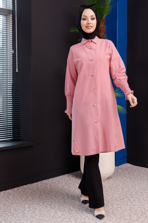 Düz Gömlek Yaka Kadın Pembe TUNIK - 3693