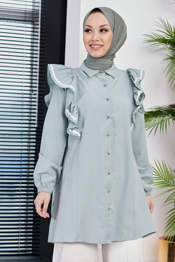 Düz Gömlek Yaka Kadın Yeşil TUNIK - 3651