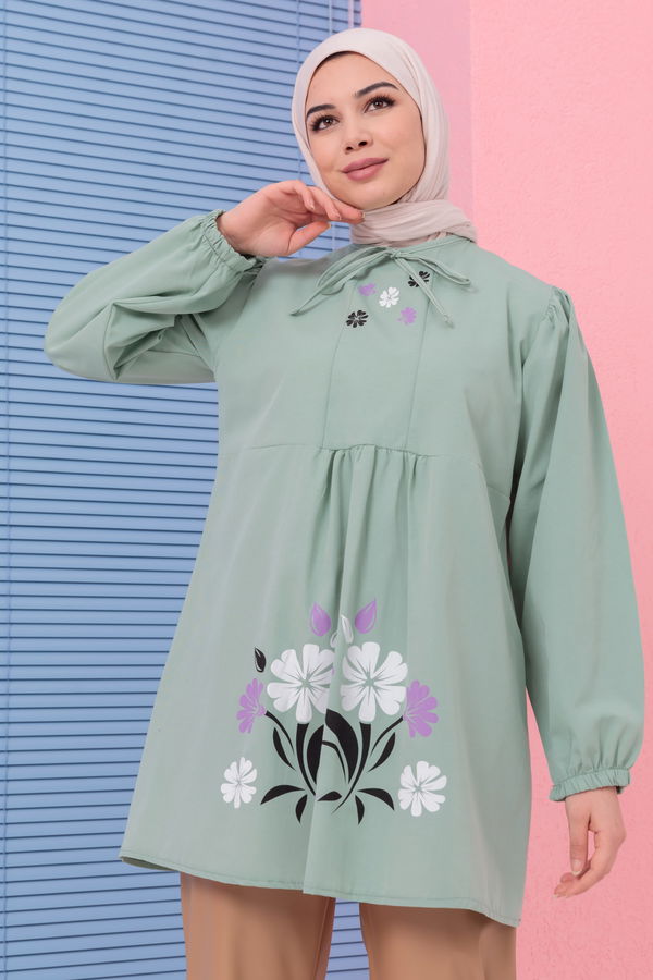Düz Bisiklet Yaka Kadın Yeşil BASKILI TUNIK - 3694