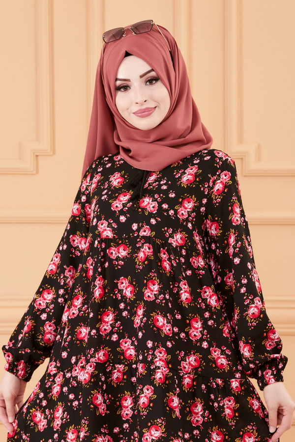 Düz Bisiklet Yaka Kadın Siyah DESENLI TUNIK - 3576