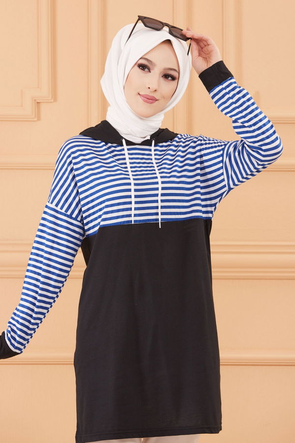 Düz Kapsonlu Yaka Kadın Mavi TUNIK - 3585 MAVİ