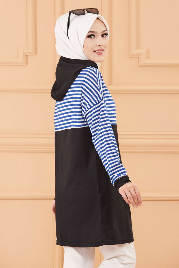 Düz Kapsonlu Yaka Kadın Mavi TUNIK - 3585 MAVİ
