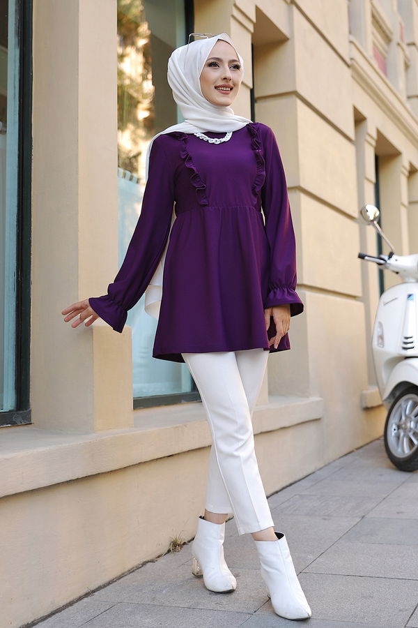 Düz Bisiklet Yaka Kadın Mürdüm TUNIK - 3304