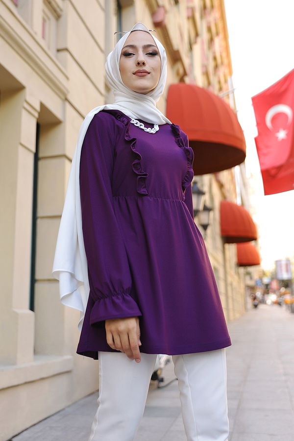 Düz Bisiklet Yaka Kadın Mürdüm TUNIK - 3304