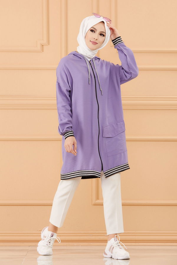 Düz Kapsonlu Yaka Kadın Lila TUNIK - 3543 LİLA