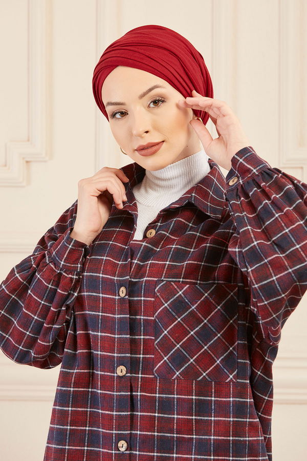 Düz Orta Kadın Bordo Ekoselı Tunık BORDO - 8856 - 8856 BORDO