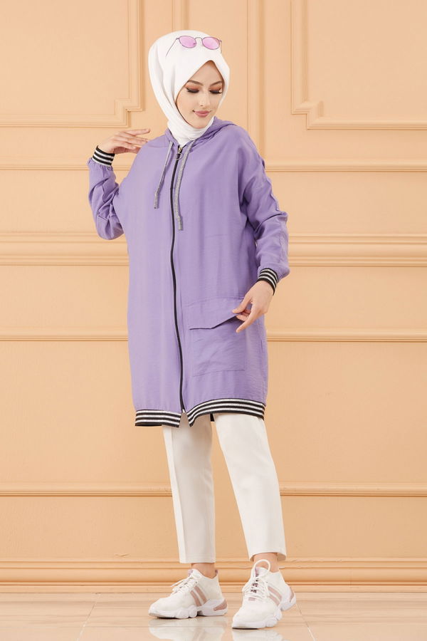 Düz Kapsonlu Yaka Kadın Lila TUNIK - 3543 LİLA