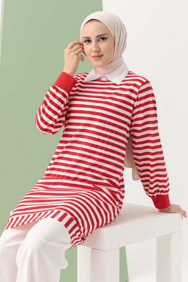 Düz Bisiklet Yaka Kadın Kırmızı TUNIK - 3587 Kırmızı