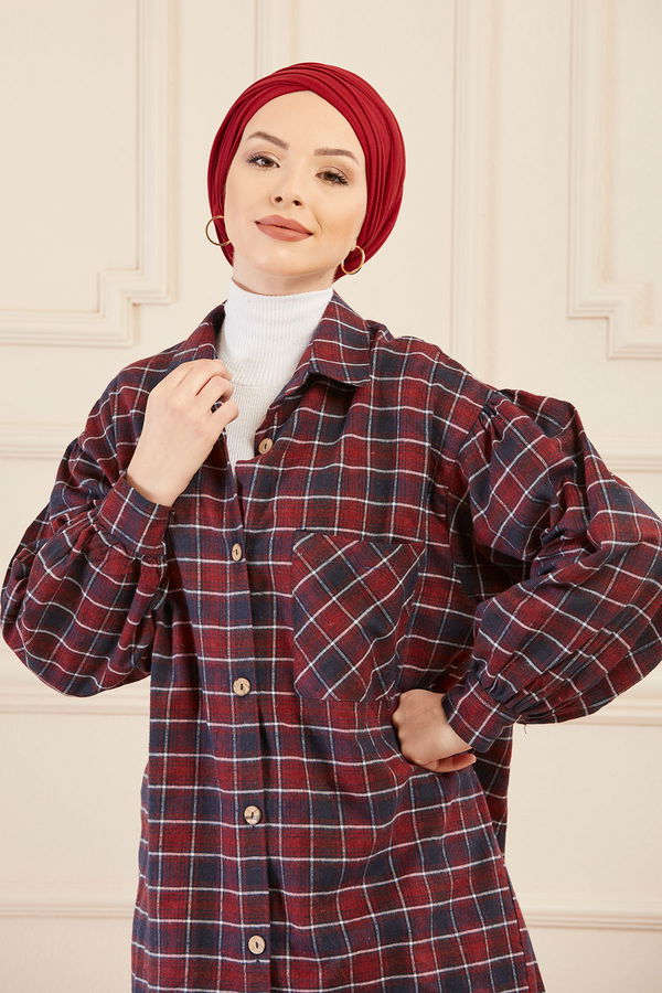 Düz Orta Kadın Bordo Ekoselı Tunık BORDO - 8856 - 8856 BORDO