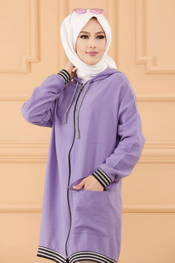 Düz Kapsonlu Yaka Kadın Lila TUNIK - 3543 LİLA