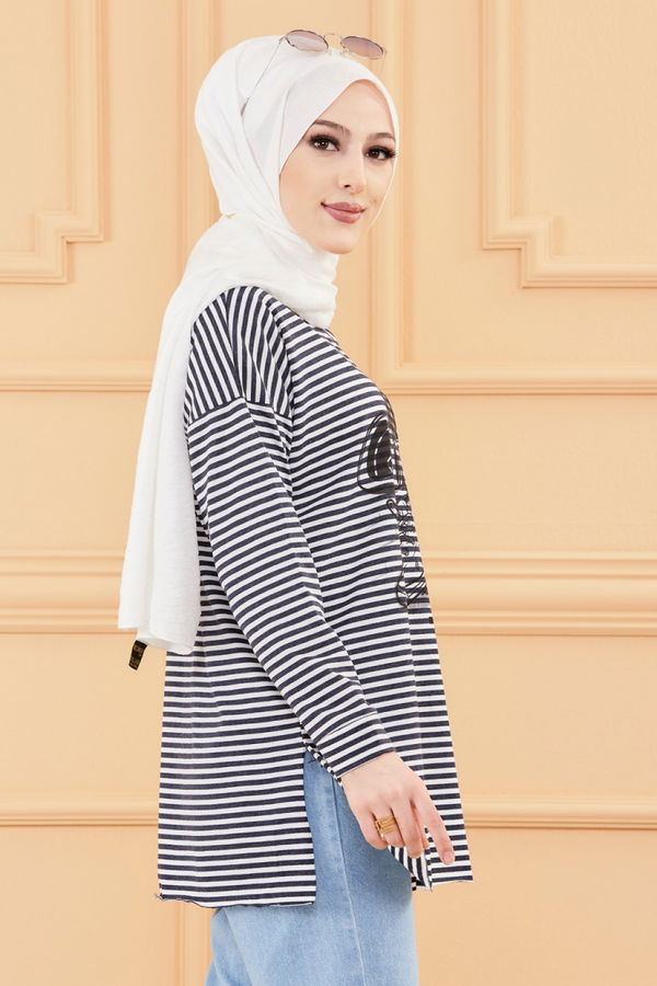 Düz Orta Kadın Lacivert BASKILI TUNIK - 8732 LACİVERT