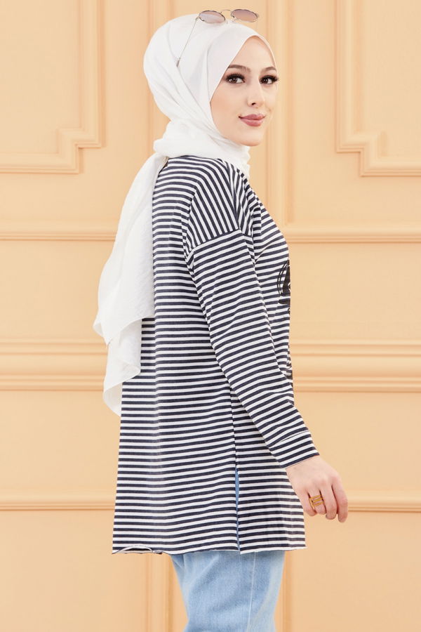 Düz Orta Kadın Lacivert BASKILI TUNIK - 8732 LACİVERT