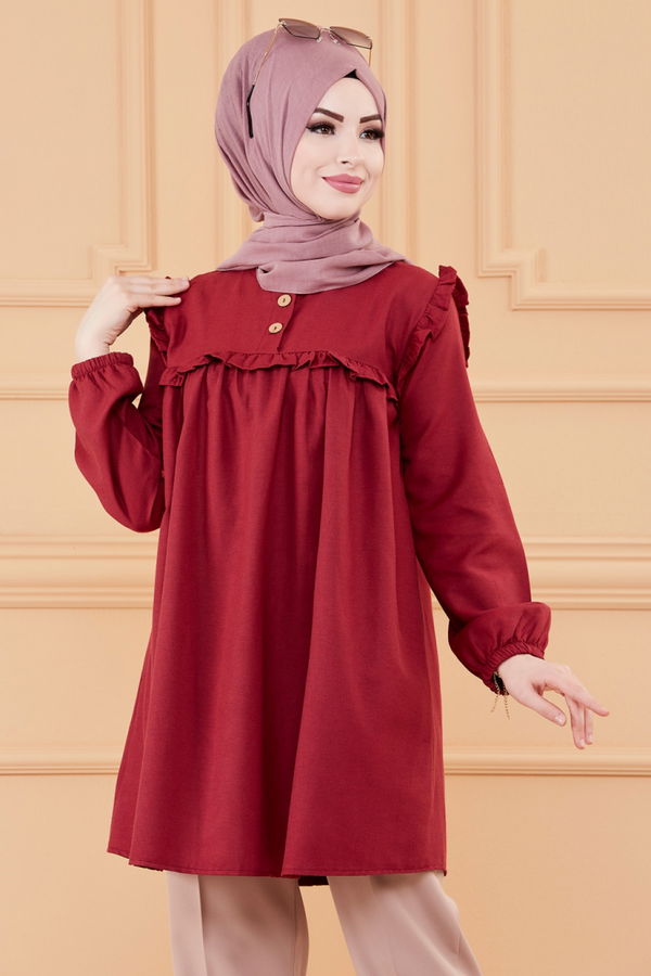 Düz Bisiklet Yaka Kadın Bordo TUNIK - 3595