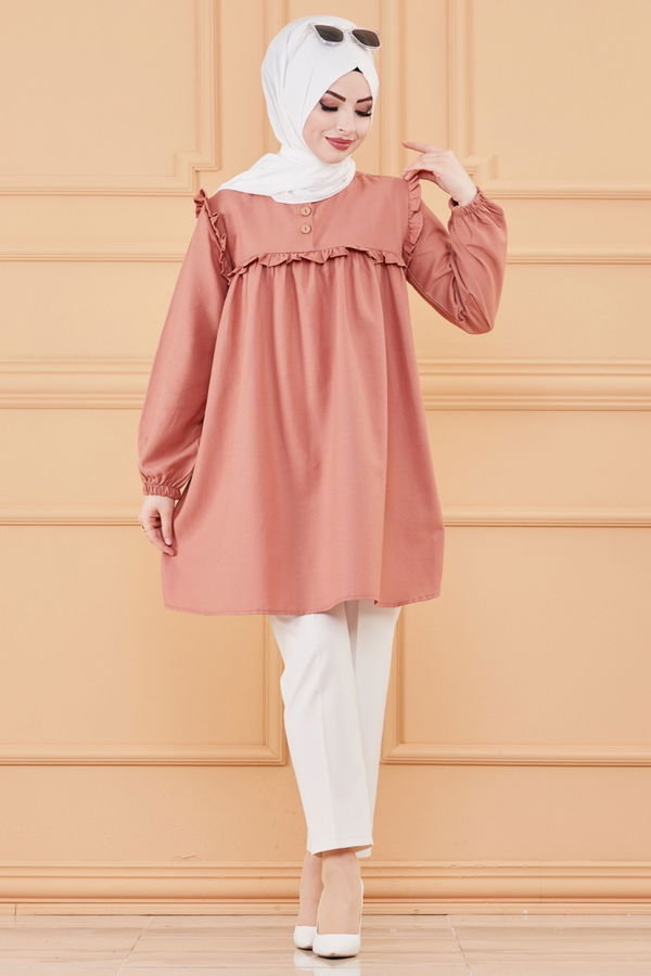 Düz Bisiklet Yaka Kadın Pembe TUNIK - 3595 PEMBE