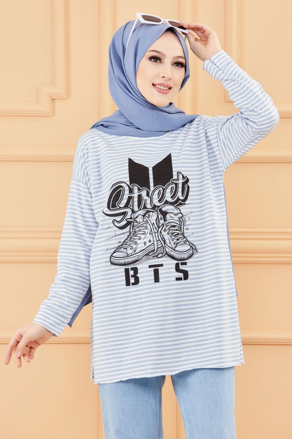 Düz Orta Kadın Mavi BASKILI TUNIK - 8732 MAVİ
