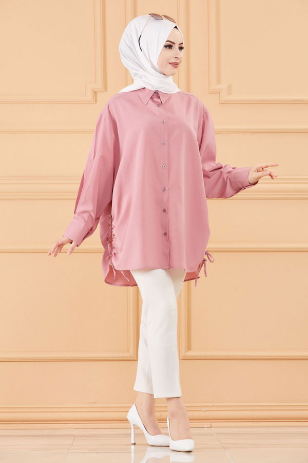 Düz Gömlek Yaka Kadın Pembe TUNIK - 8695