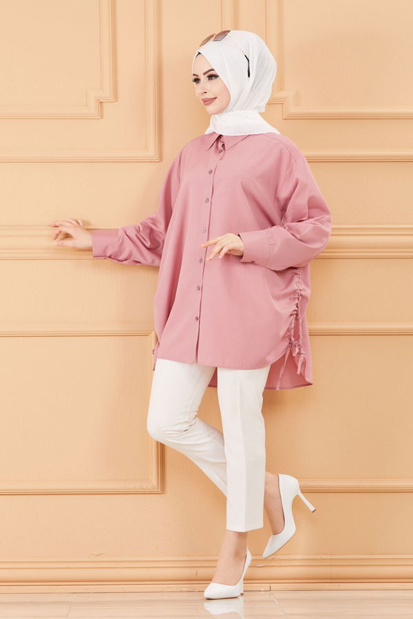 Düz Gömlek Yaka Kadın Pembe TUNIK - 8695