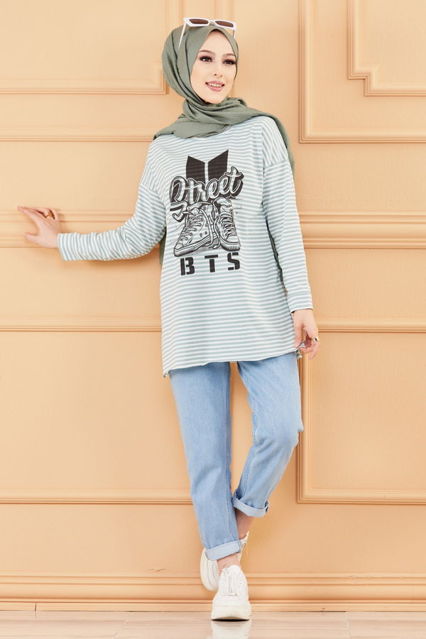 Düz Orta Kadın Yeşil BASKILI TUNIK - 8732