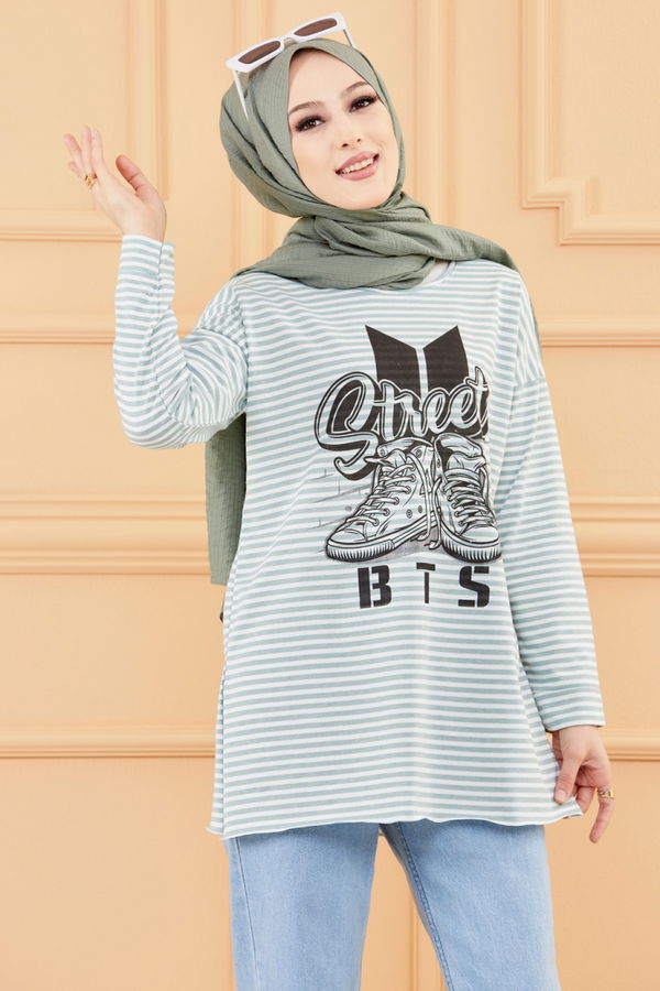 Düz Orta Kadın Yeşil BASKILI TUNIK - 8732