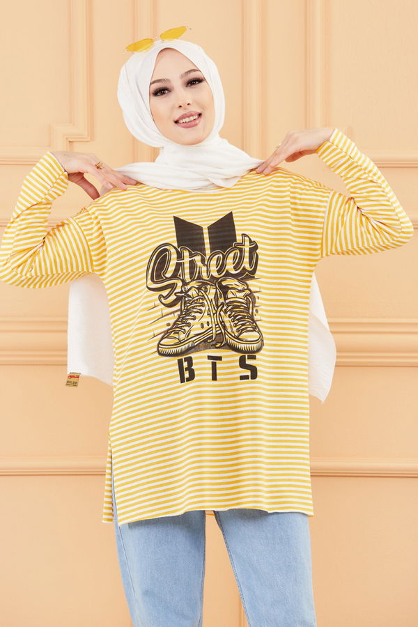 Düz Orta Kadın Sarı BASKILI TUNIK - 8732 Sarı