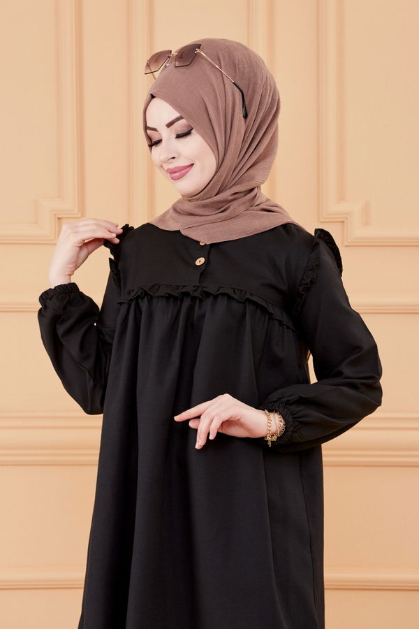 Düz Bisiklet Yaka Kadın Siyah TUNIK - 3595