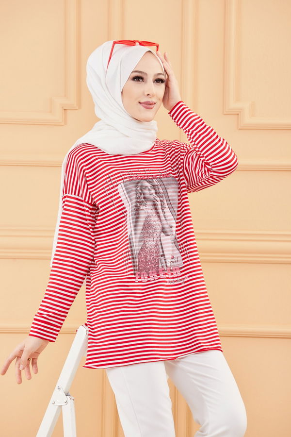 Düz Orta Kadın Kırmızı BASKILI TUNIK - 8733