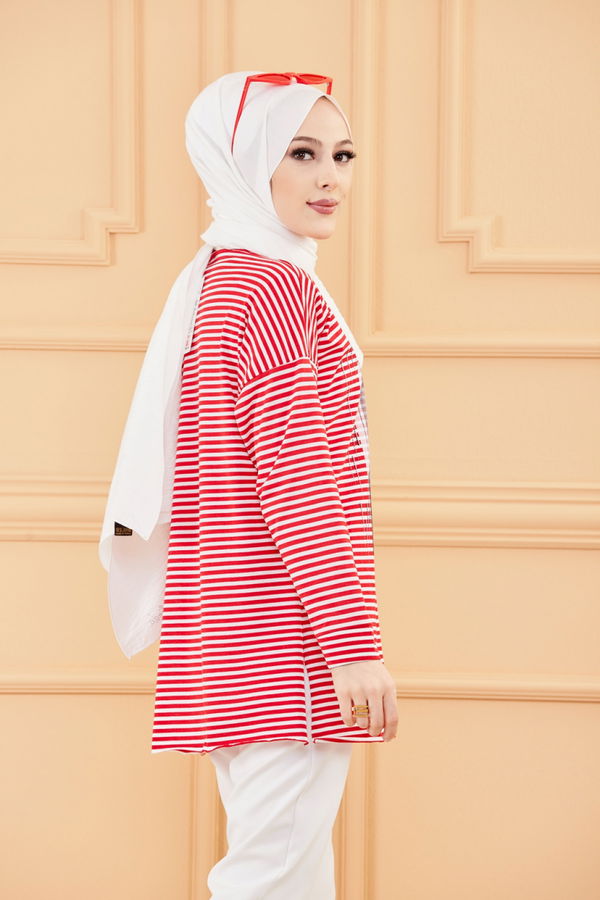 Düz Orta Kadın Kırmızı BASKILI TUNIK - 8733