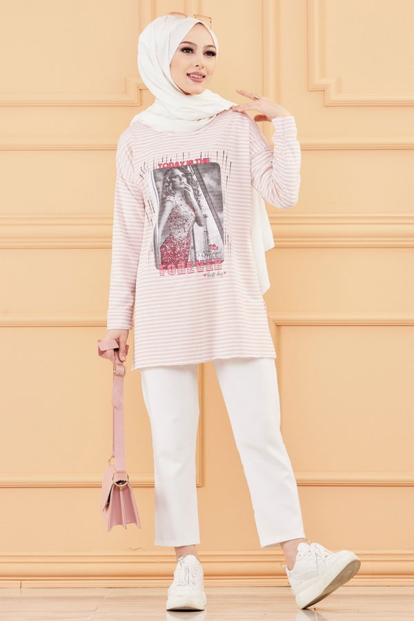 Düz Orta Kadın Pembe BASKILI TUNIK - 8733 PEMBE