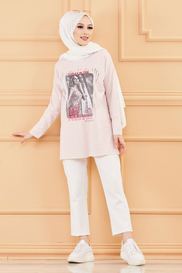 Düz Orta Kadın Pembe BASKILI TUNIK - 8733 PEMBE